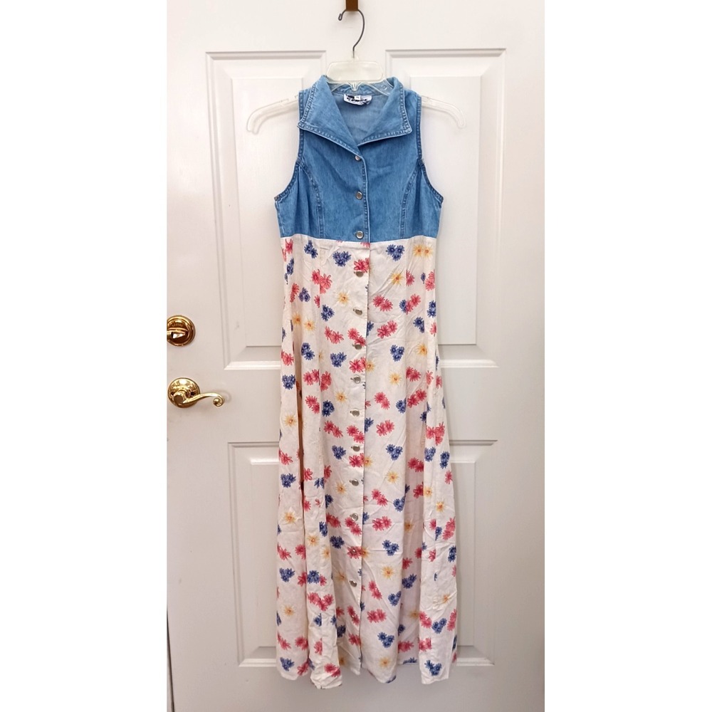 Vtg 90s Cottagecore Button Front Maxi Dress Denim Floral Size M Y2K Grunge